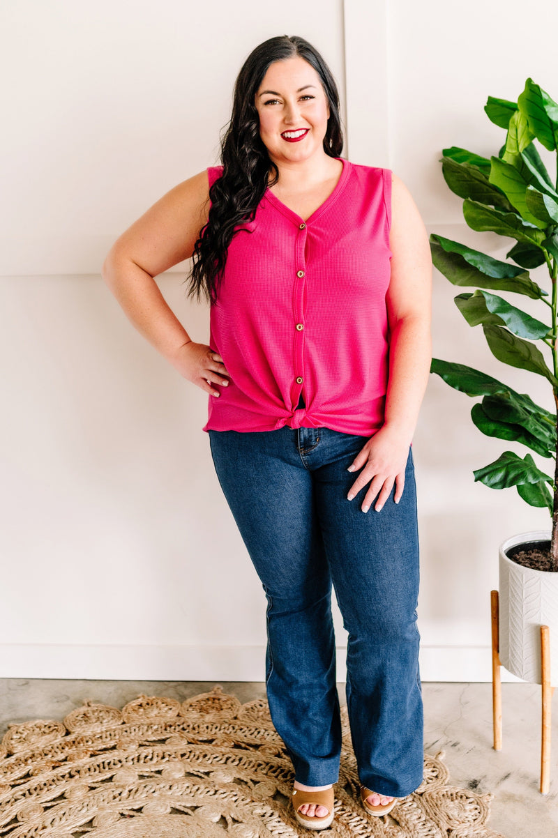 SAMPLE Fuchsia Button Sleeveless Top With Adjustable Tie