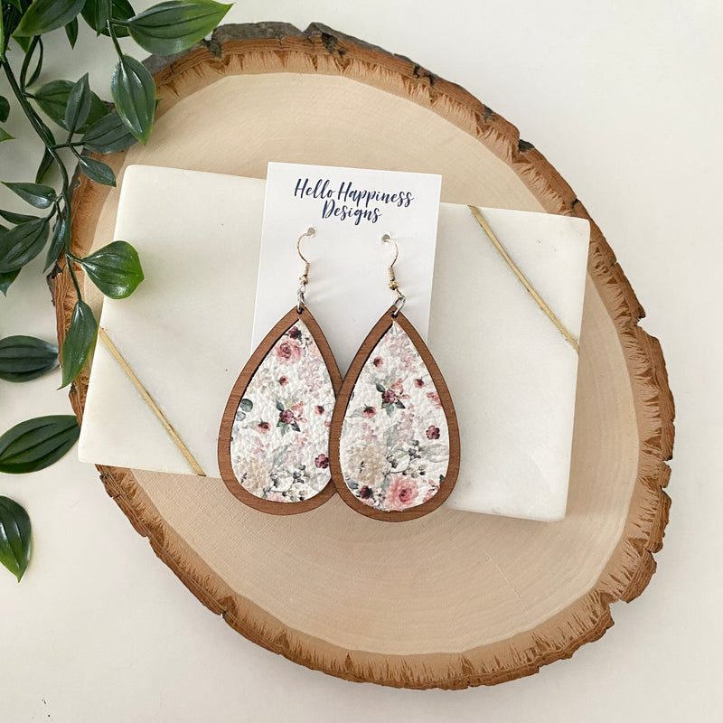 Floral Inset Wood Drop Earrings