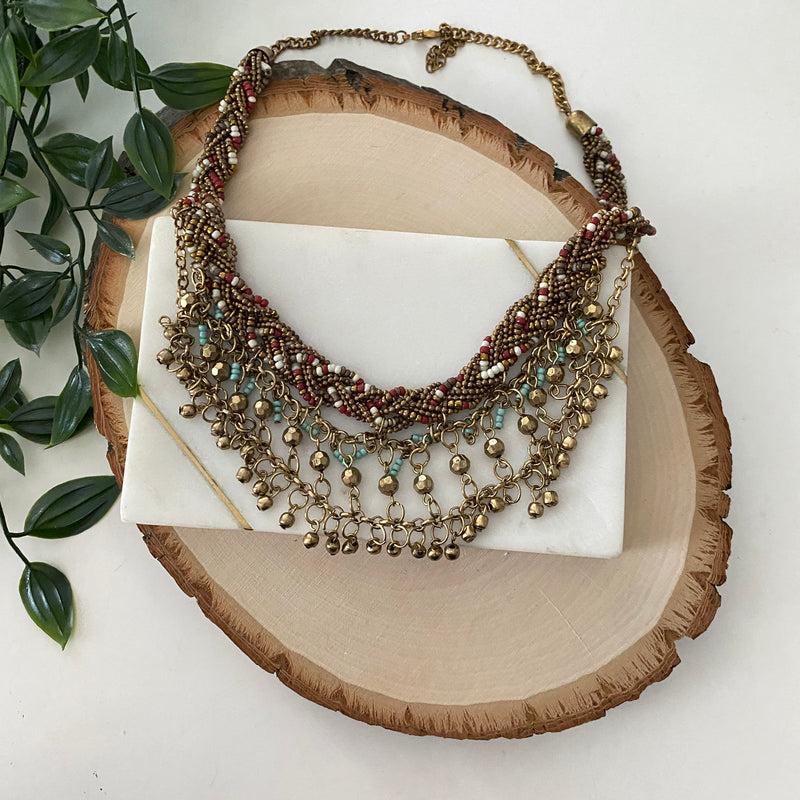 Braided Brass Bead Strand Necklace