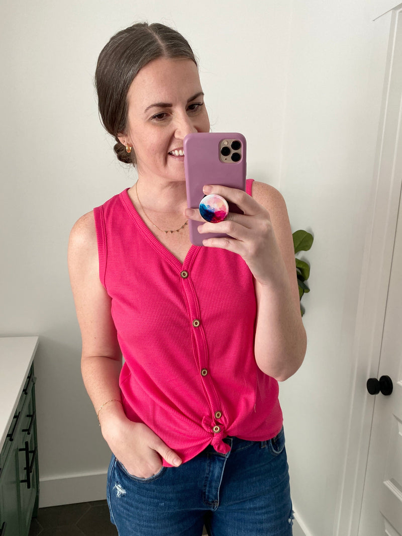 SAMPLE Fuchsia Button Sleeveless Top With Adjustable Tie