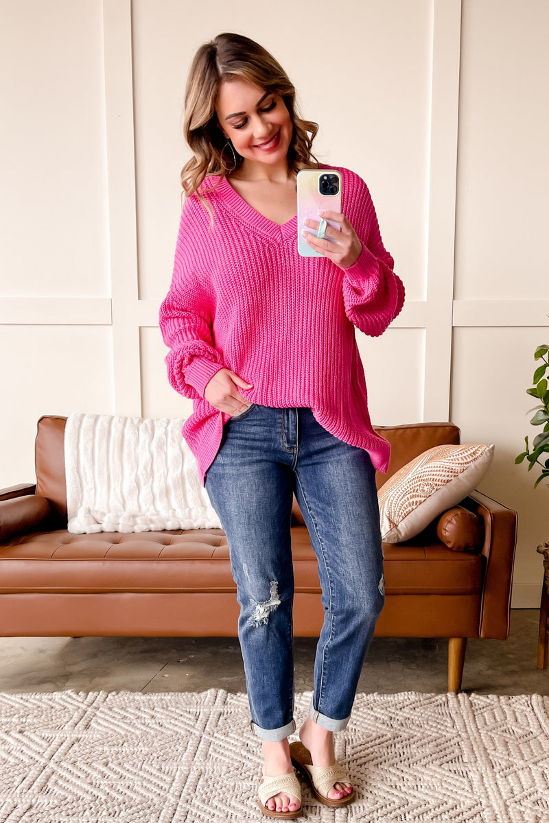 SAMPLE Because Of You V Neck Knit Sweater in Pink