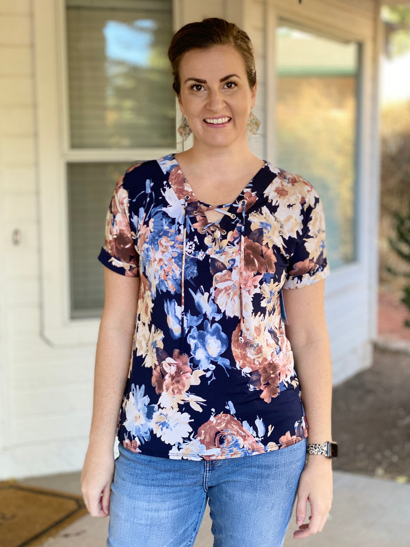 Navy Floral Lace Up Top